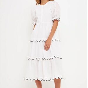 English Factory White Dress with Black Scallop Trim
